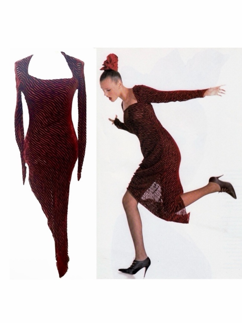 KARL LAGERFELD Collection FW 1994 Velvet Devoré Asymmetrical Red Velvet Dress xs